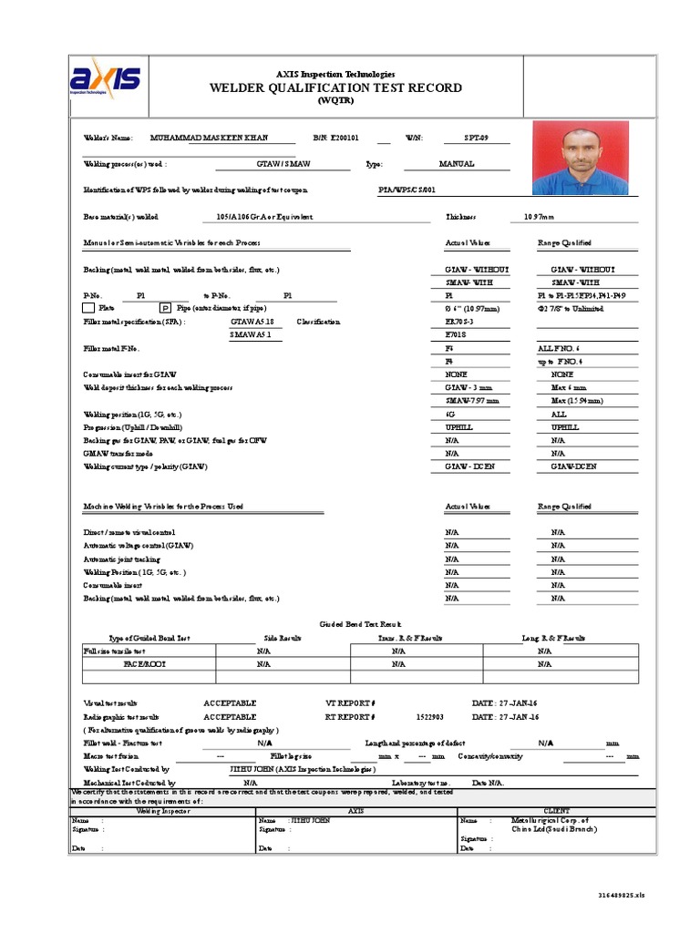 WQT Certification Record for Welder | PDF | Welding | Construction