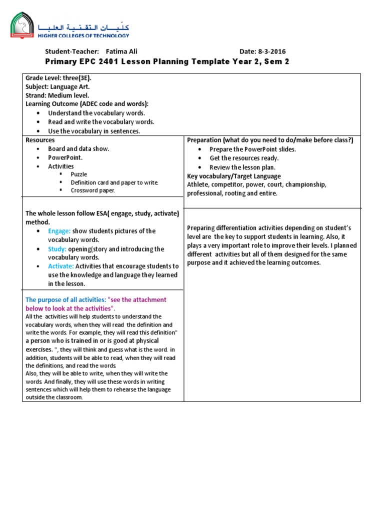 lesson plan vocabulary words Vocabulary Reading (Process)