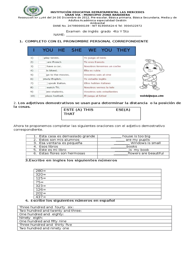 EXAMEN DE INGLES 4 DE PRIMARIA