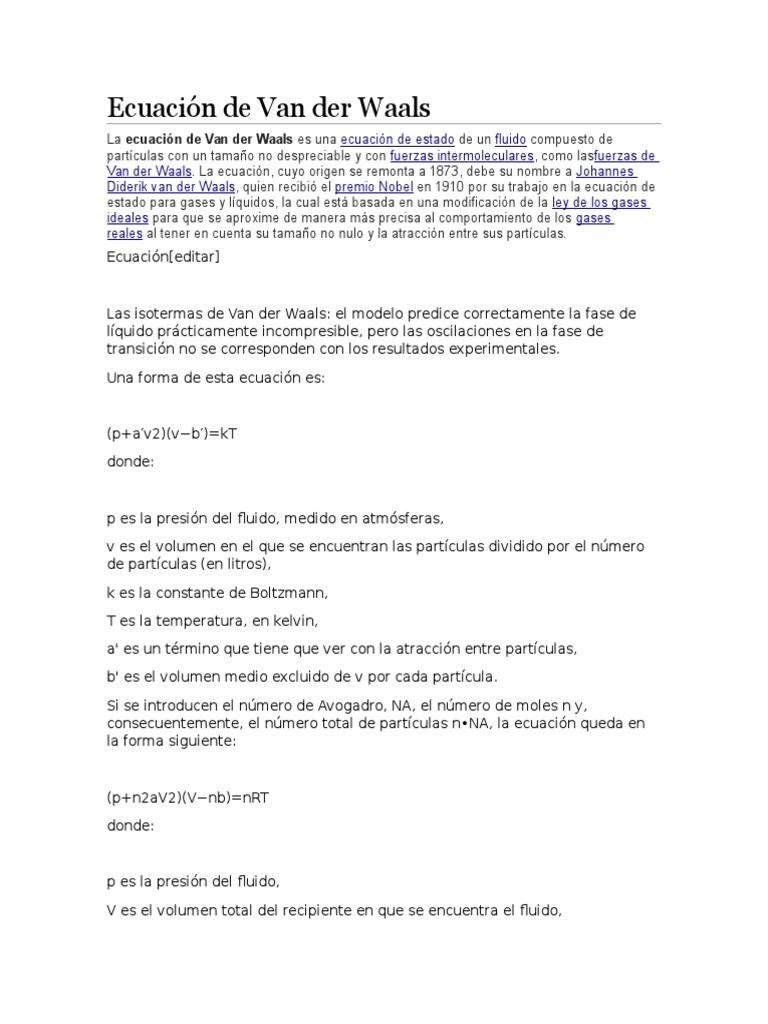 Ecuación de Van Der Waals | PDF | Gases | Materiales transparentes