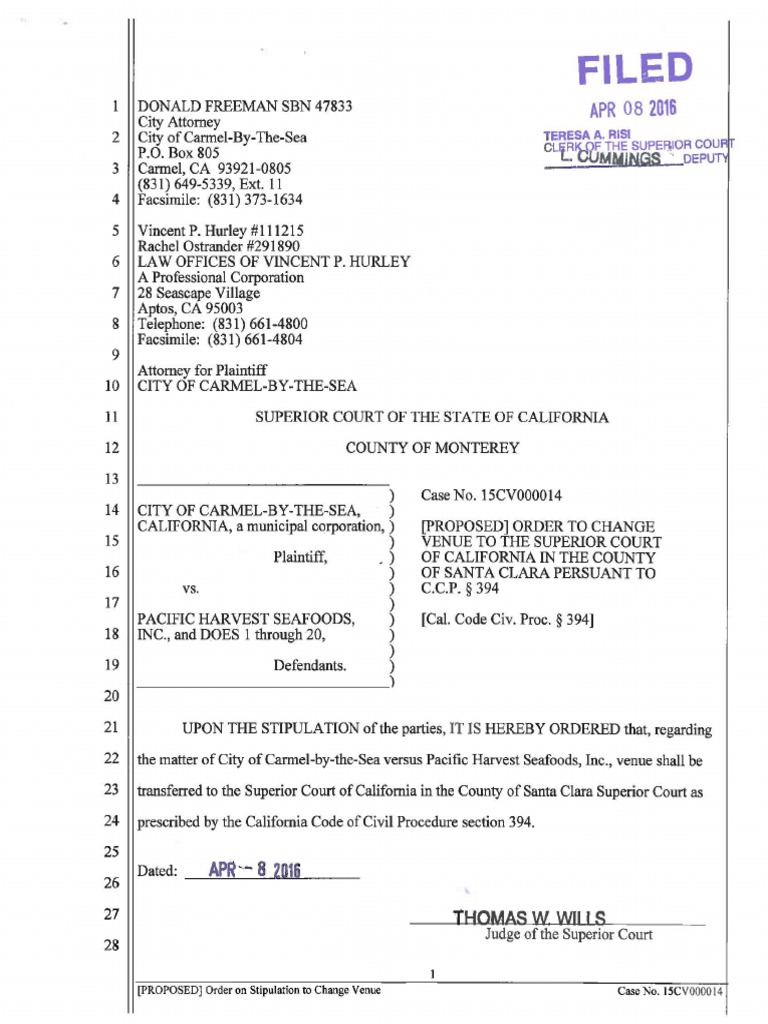 (Proposed) Order To Change Venue 15CV000014 4-08-16 | PDF | Mail | Fax