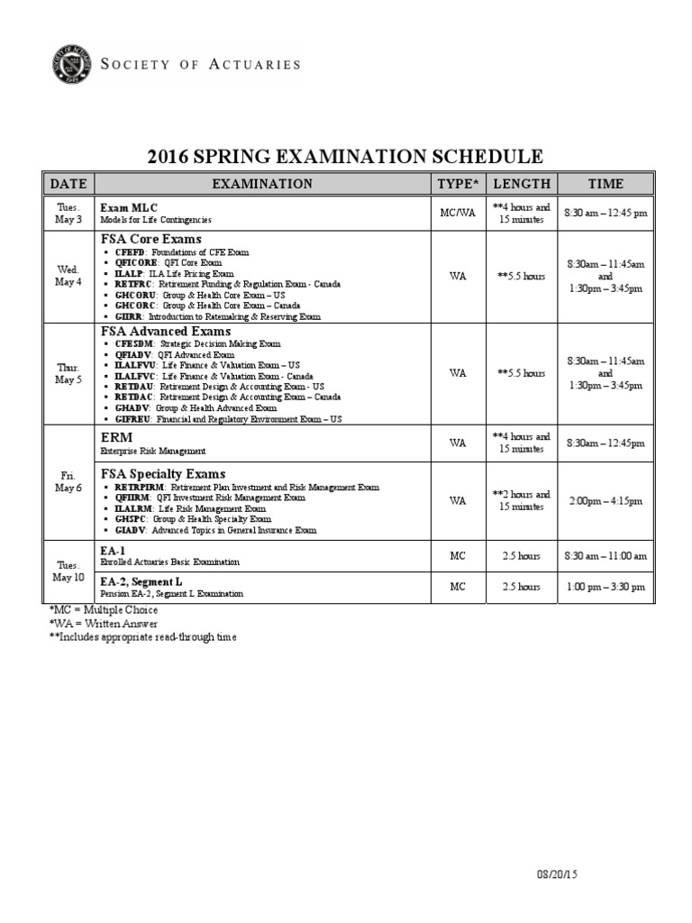 2016 Spring Exam Schedule Overview | PDF | Technology & Engineering