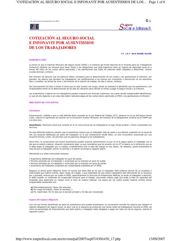 Cotización IMSS e Infonavit por Ausencias | PDF | Salario | Salario Y ...