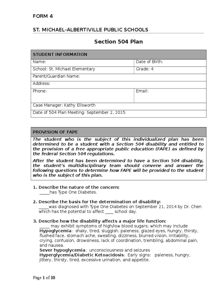 504 Plan | Pdf | Hypoglycemia | Blood Sugar