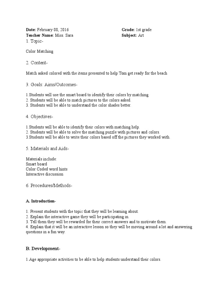 Color Matching Lesson Plan for 1st Grade | PDF