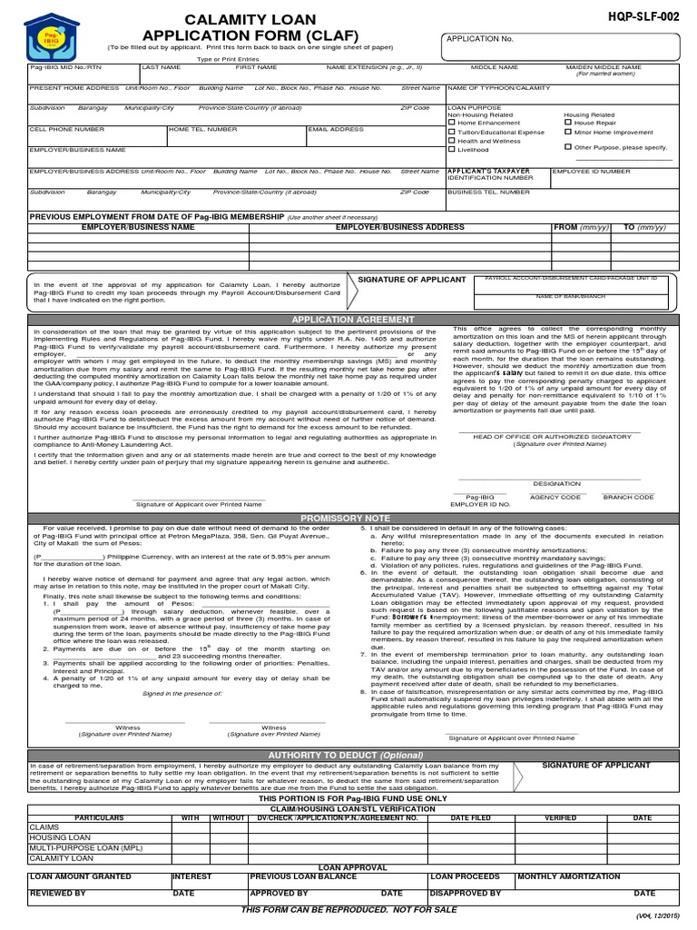SLF002 Calamity Loan Application Form PDF Loans Amortization