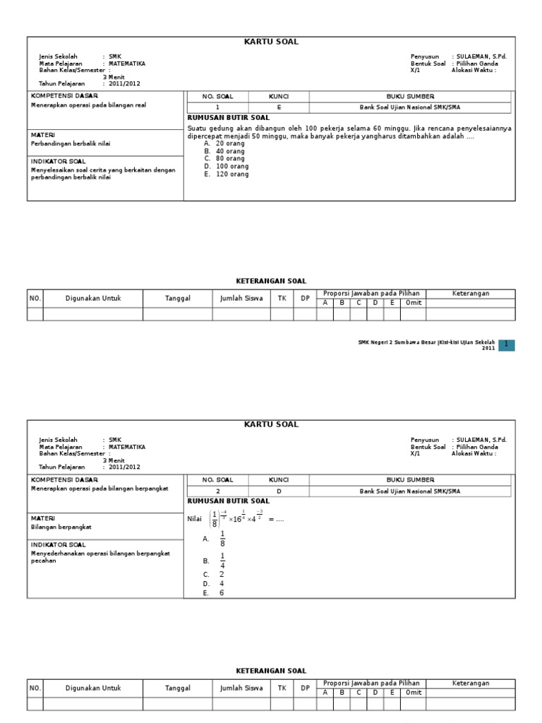 Kartu Soal Us 2012 Matematika