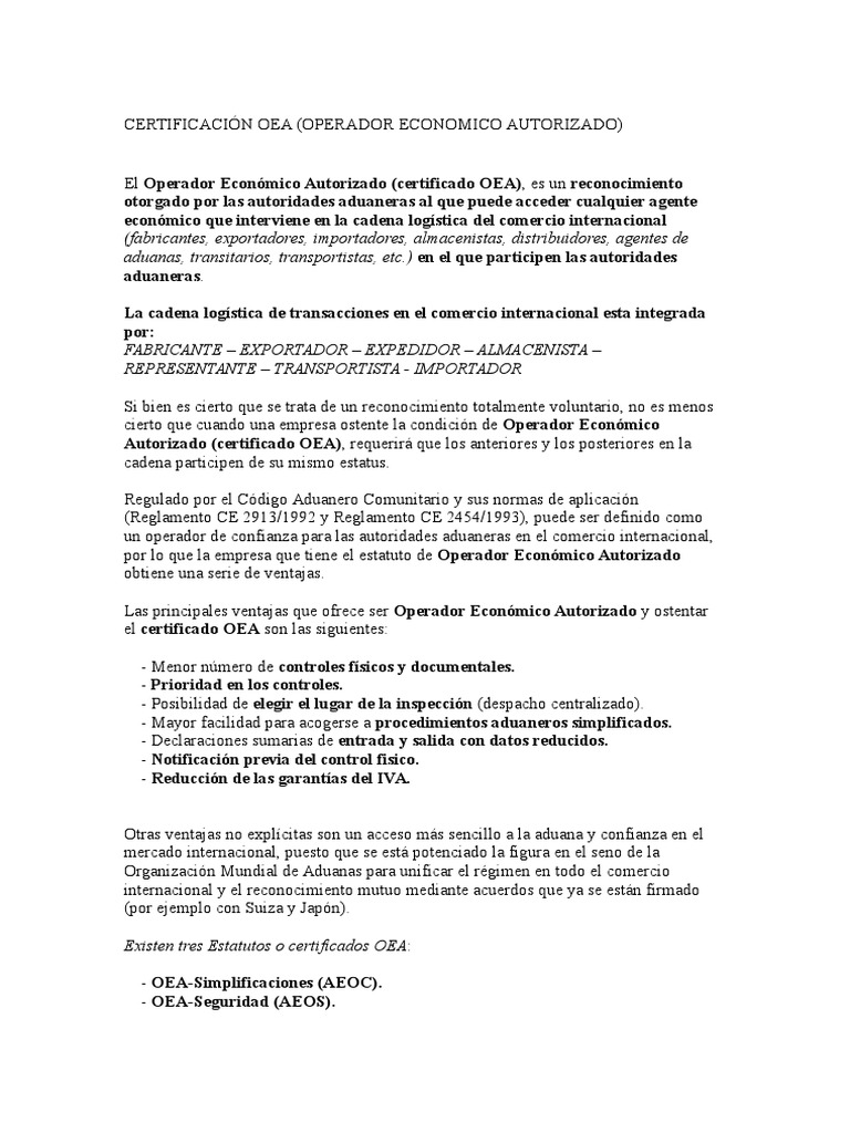 Certificación Oea | PDF | aduana | El comercio internacional
