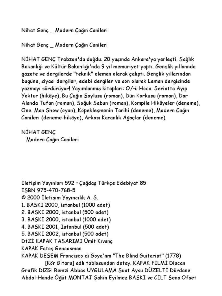 Nihat Genc Modern Cagin Canileri Pdf