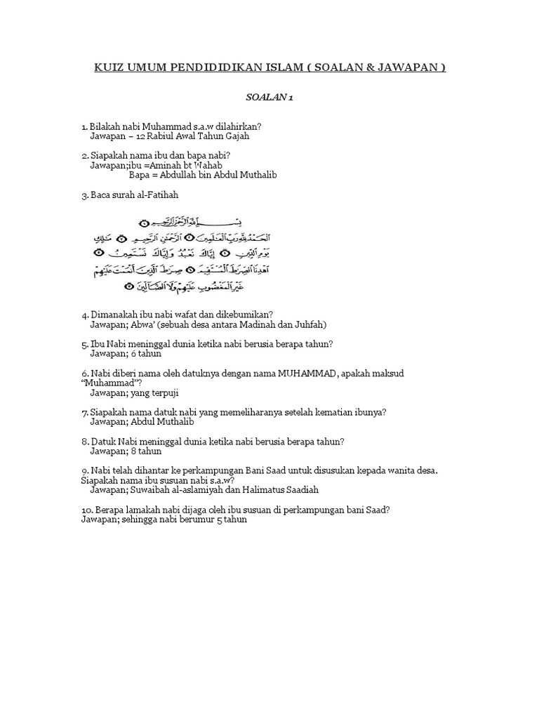 Kuiz Umum Pendididikan Islam ( Soalan & Jawapan )