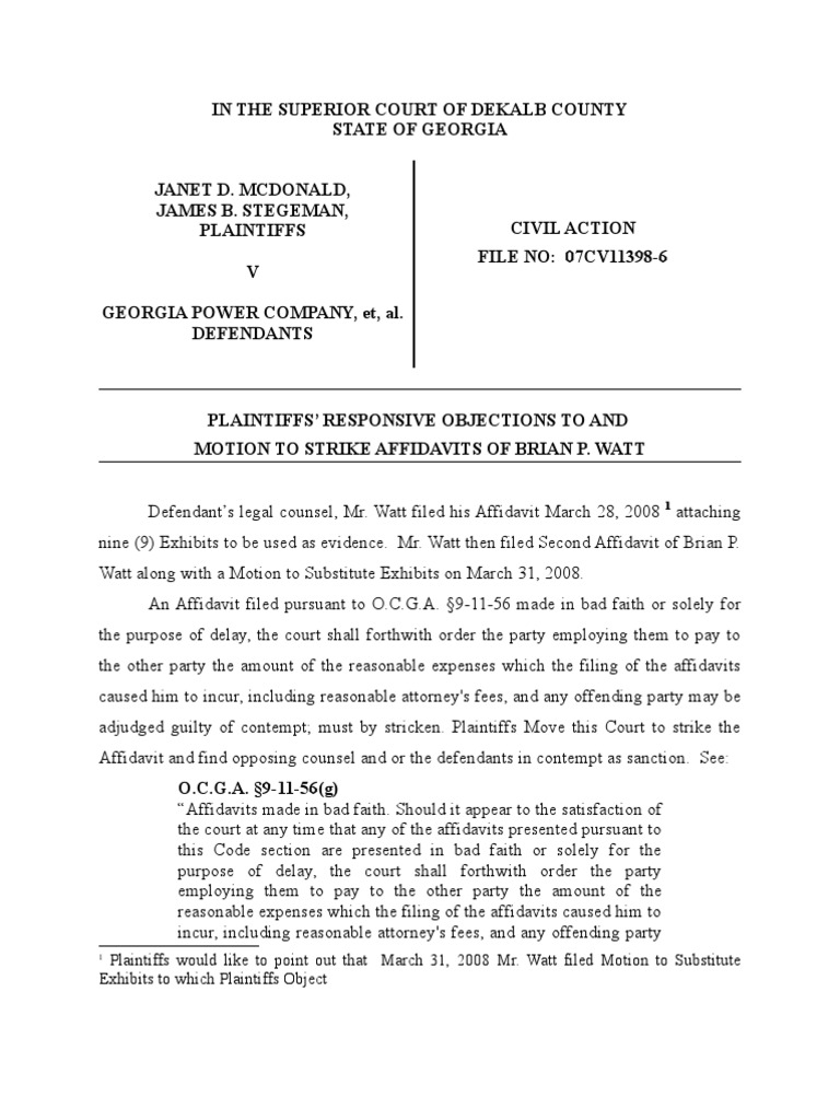 Plaintiffs' Motion To Strike Affidavits of Brian P Watt Perjury