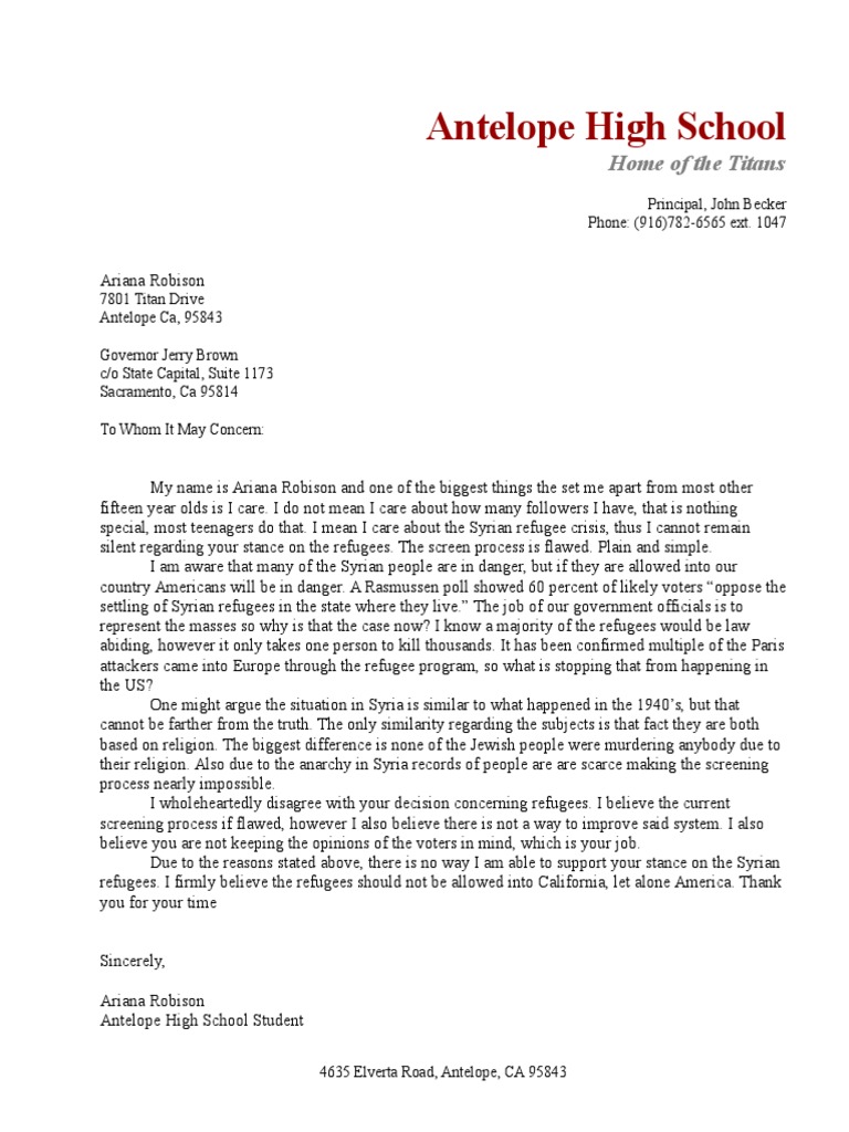 Antelope Student's Stance on Refugees | PDF