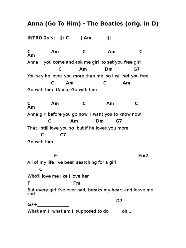 Anna Lyrics Chords Beatles In G British Pop Songs Music Industry
