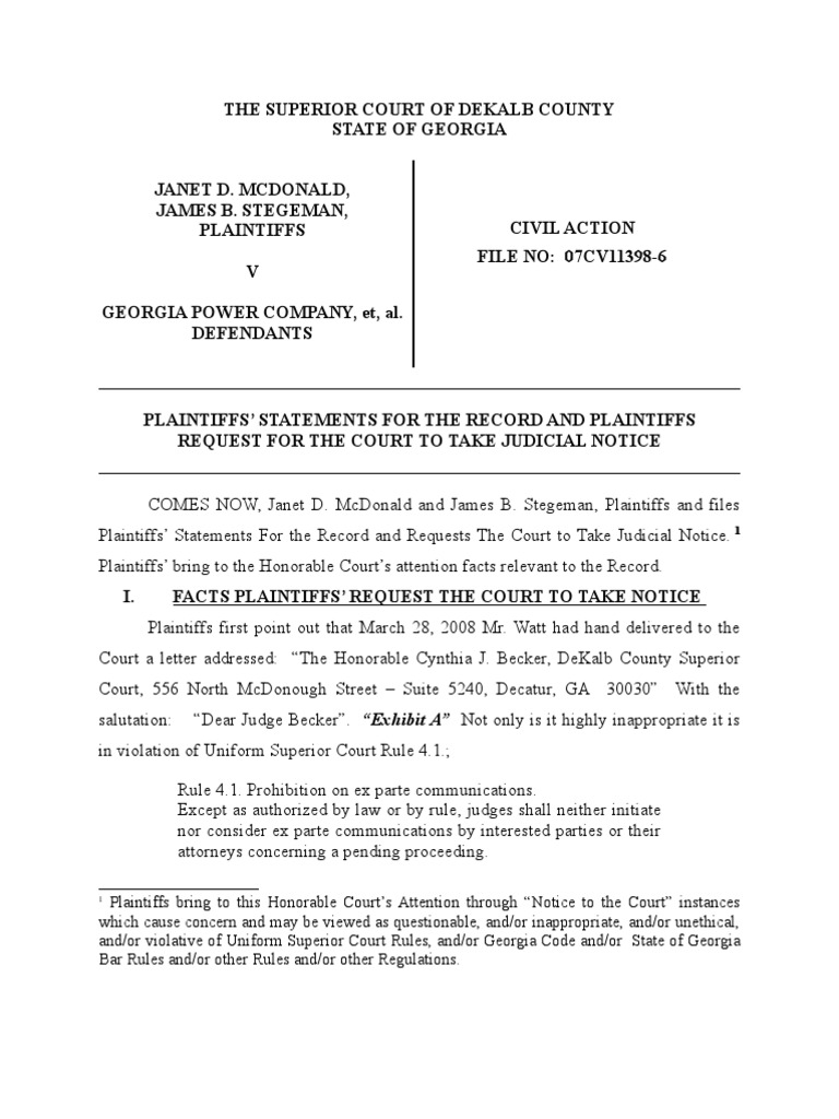 PLAINTIFFS STATEMENTS FOR THE RECORD AND PLAINTIFFS REQUEST FOR THE