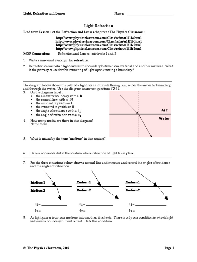 Worksheet On Refraction Refraction Light