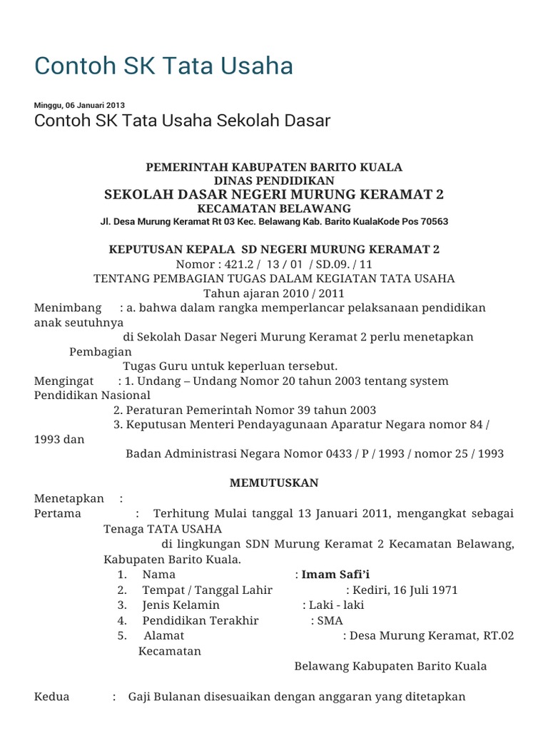 Contoh Sk Tata Usaha Contoh Sk Tata Usaha Sekolah Dasar