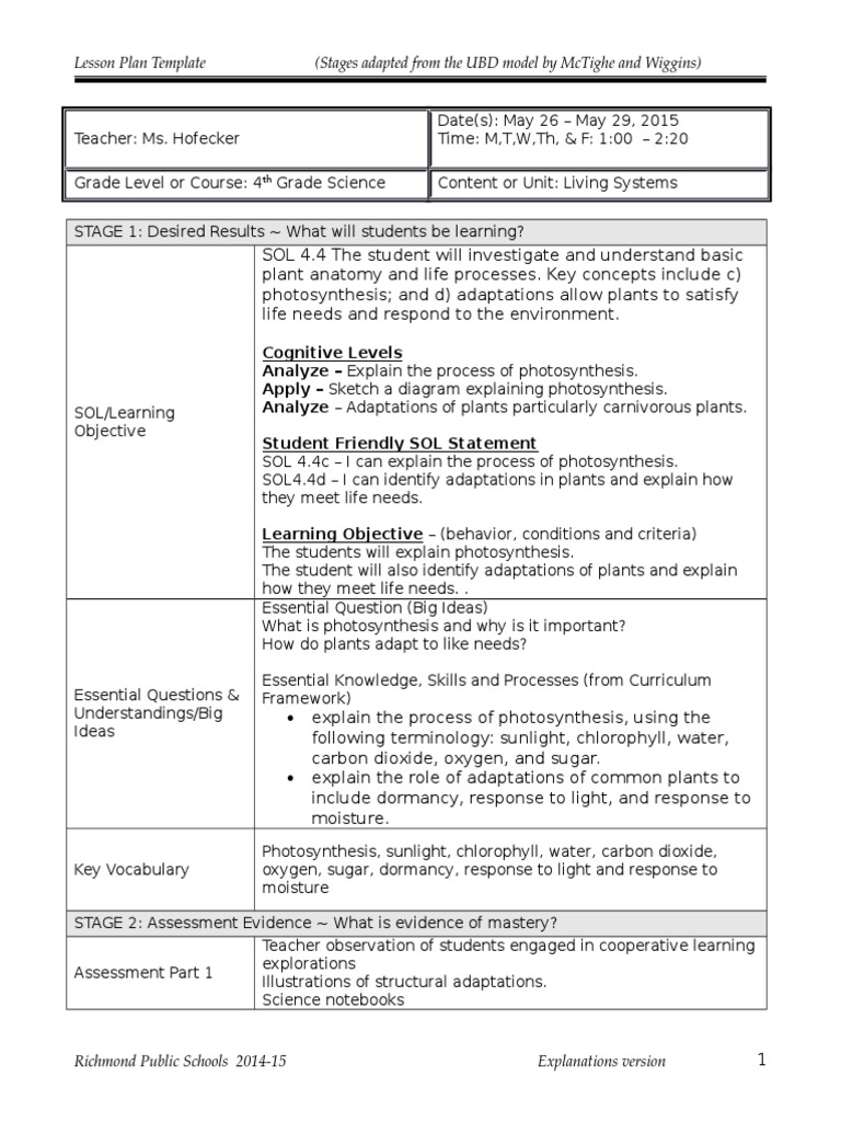 4th Grade Science: Plant Systems Lesson Plan | PDF | Photosynthesis ...
