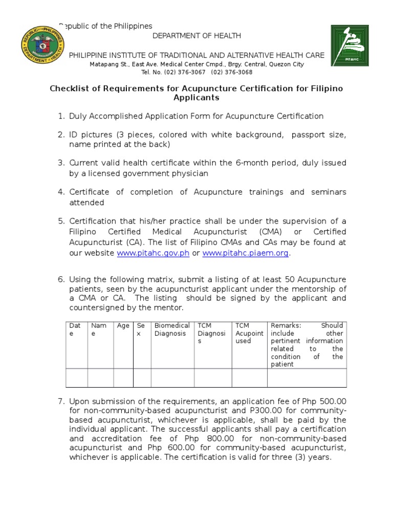 Checklist of Requirements For Acupuncture Certification For Filipino
