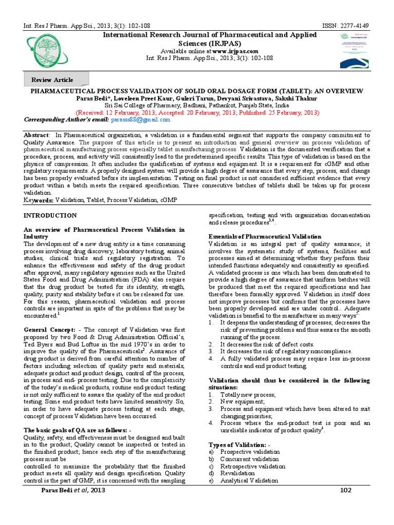 Overview of Tablet Process Validation | PDF | Verification And ...