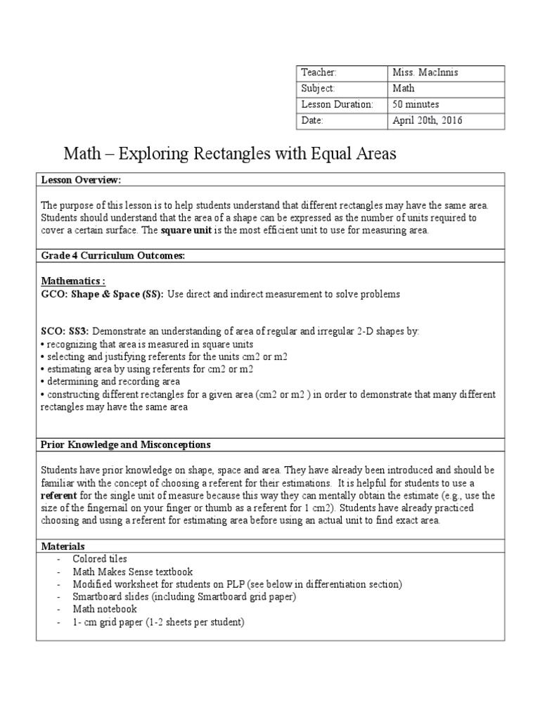 Math Lesson Plan Exploring Rectangles With Equal Areas Pdf