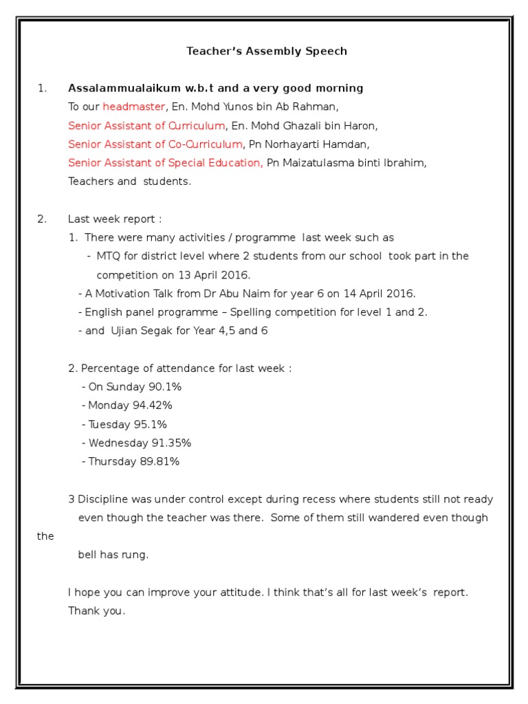 Speech for Principals and Teachers on school opening after