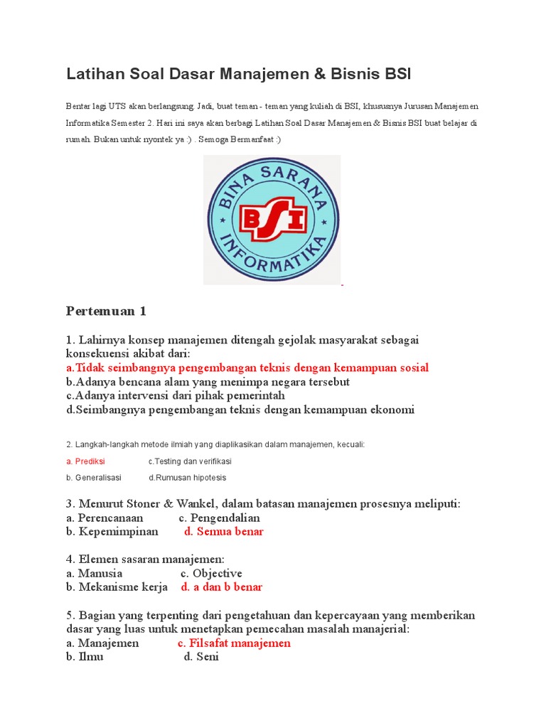 Latihan Soal Dasar Manajemen Bsi