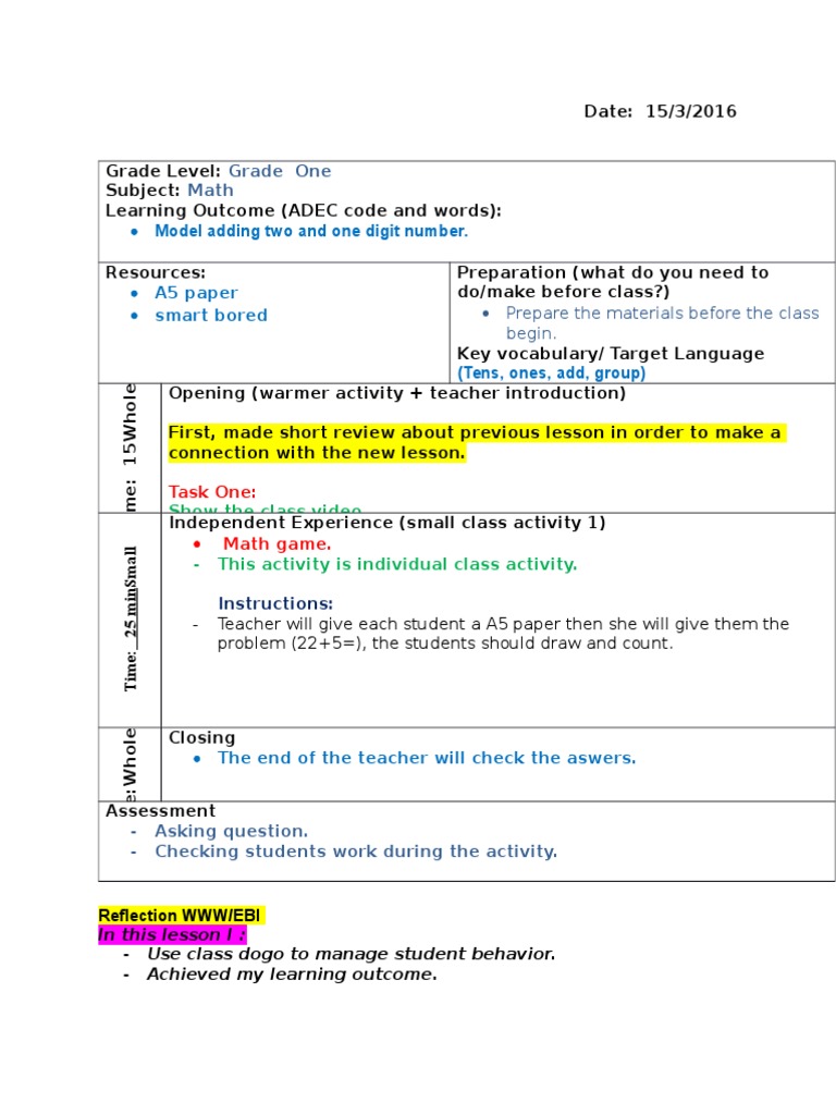 Grade One Math Lesson Plan: Addition | PDF