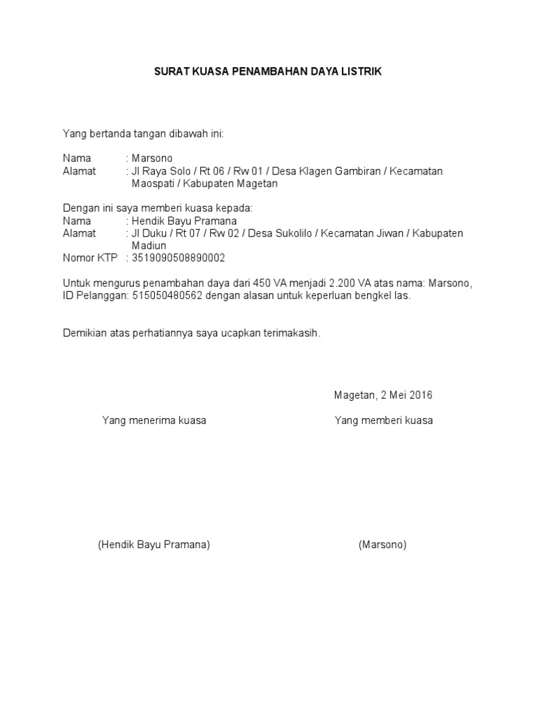 Surat Kuasa Penambahan Daya Listrik Pln