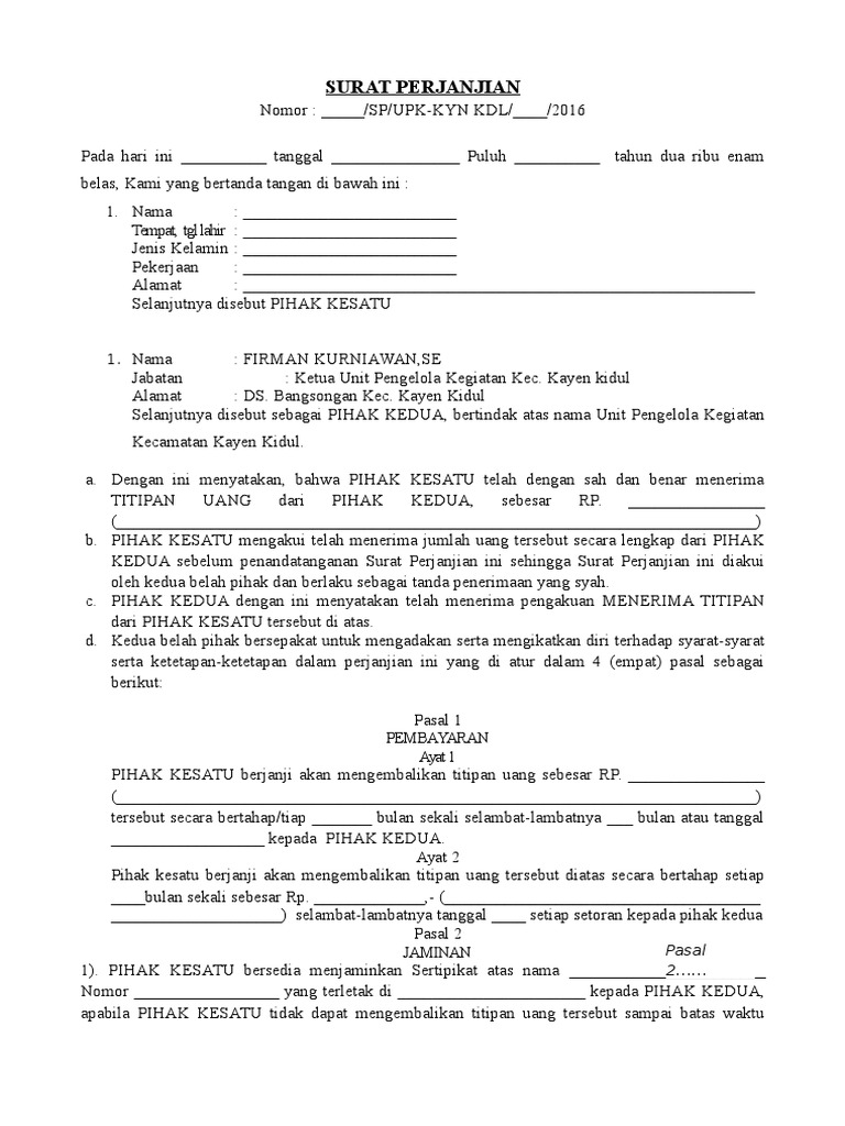 Surat Perjanjian Titip Uang