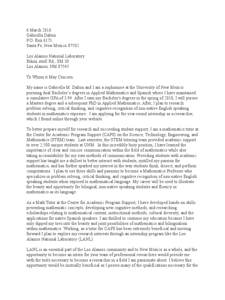 lanl cover letter Los Alamos National Laboratory Internship