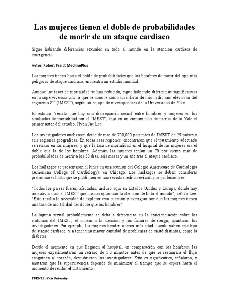 Las Mujeres Tienen El Doble de Probabilidades de Morir de Un Ataque ...