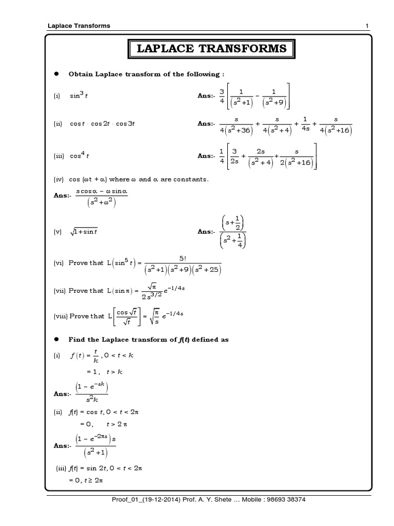 Laplace Transforms Obtain Laplace Transform Of The Following Ans Harmonic Analysis Mathematical Relations
