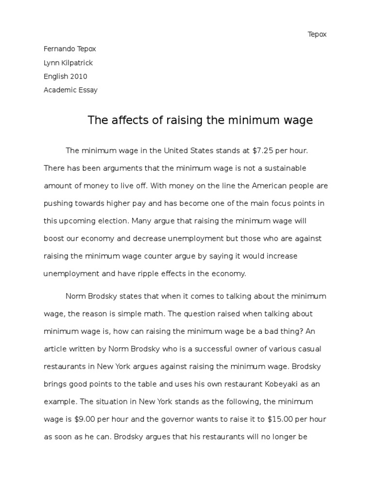 Academic Essay Minimum Wage Labour Economics