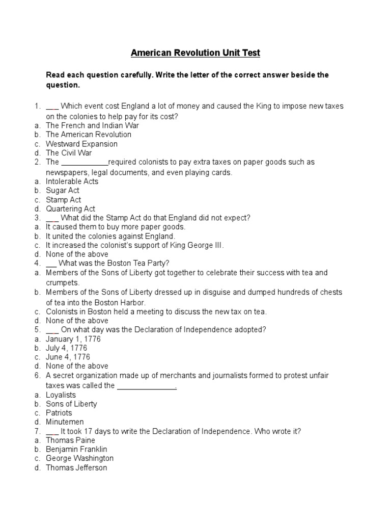 Revolutionary war quiz 8th grade image