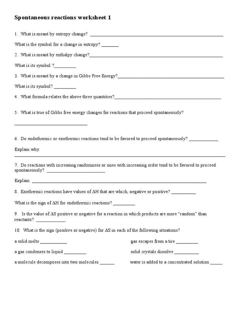 First Spontaneous Reactions Worksheet | PDF | Chemical Reactions | Enthalpy