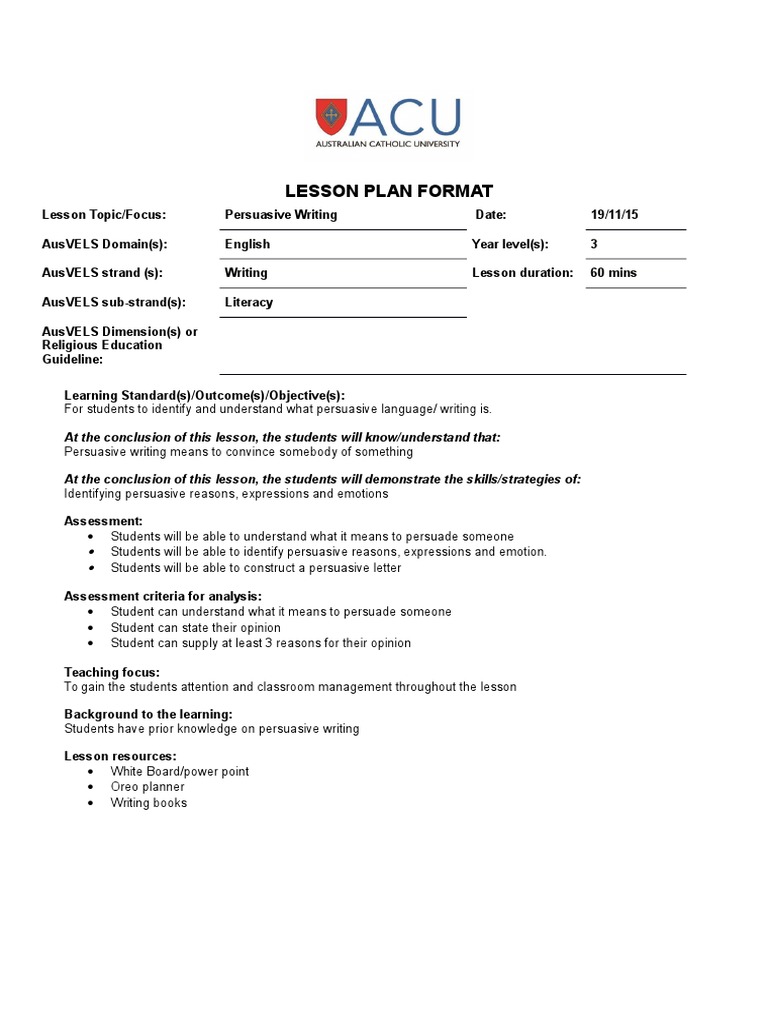 Year 3 Persuasive Writing Lesson Plan | PDF | Educational Assessment ...