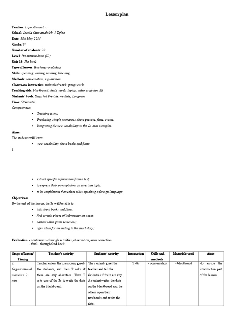 Lesson Plan 7th Grade | PDF | Lesson Plan | Vocabulary