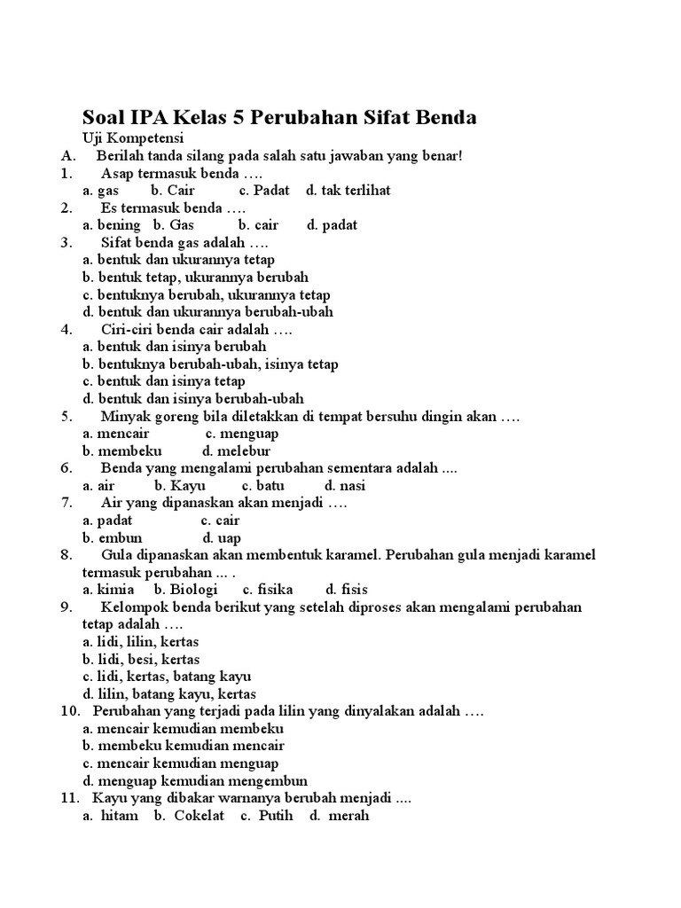 Soal Ipa Kelas 6 Perubahan Benda Guru Galeri