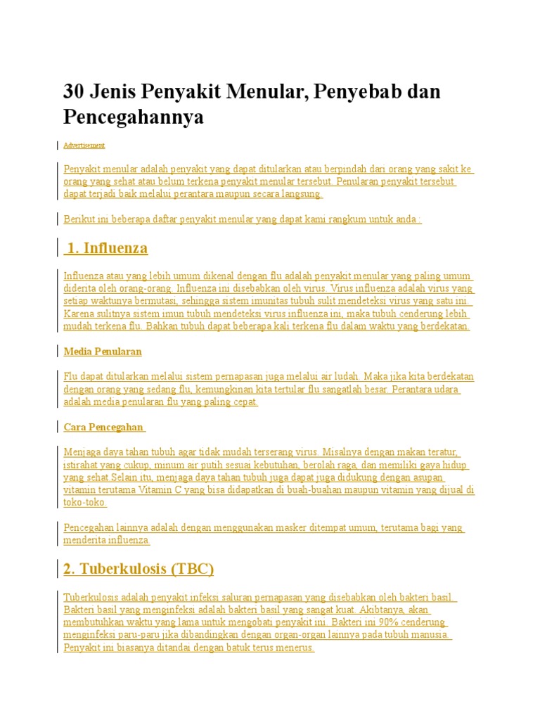 30 Jenis Penyakit Menular