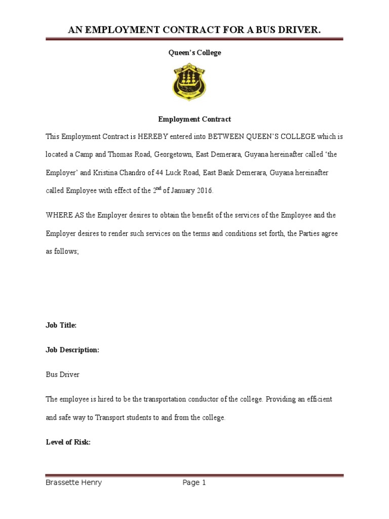 An Employment Contract For A Bus Driver.: Queen's College | PDF ...