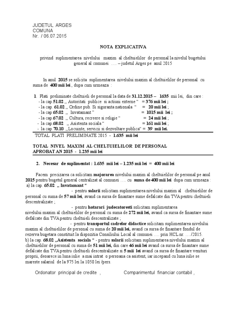 Model Nota Explicativa Suplimentare Nivel Maxim | PDF