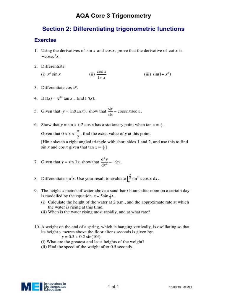 Trigonometric Function Differentiation Examples | PDF