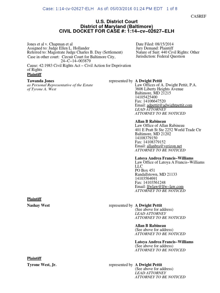 U.S. District Court For The District of Maryland Docket No. 14cv02627