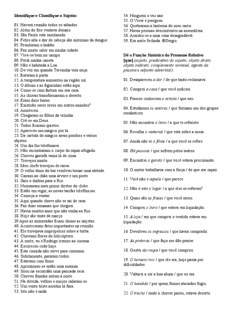 Identifique E Classifique O Sujeito Haverá Reunião Todos Os Sábados