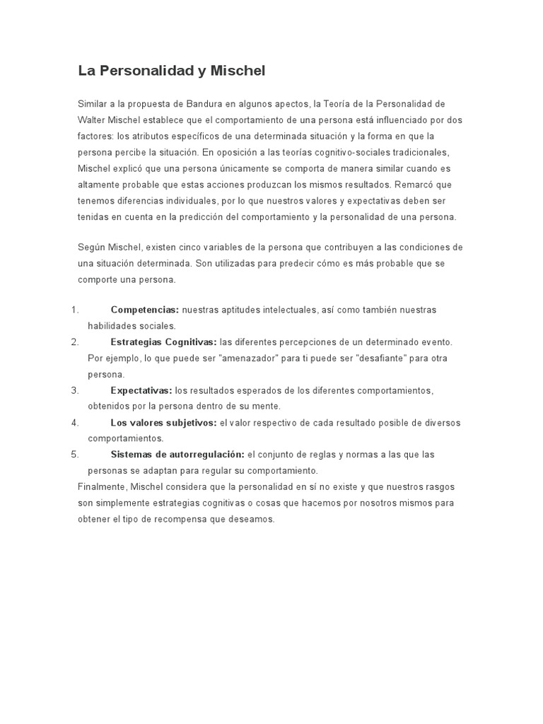 Teoría de la Personalidad de Mischel | PDF | Comportamiento | Subjetividad