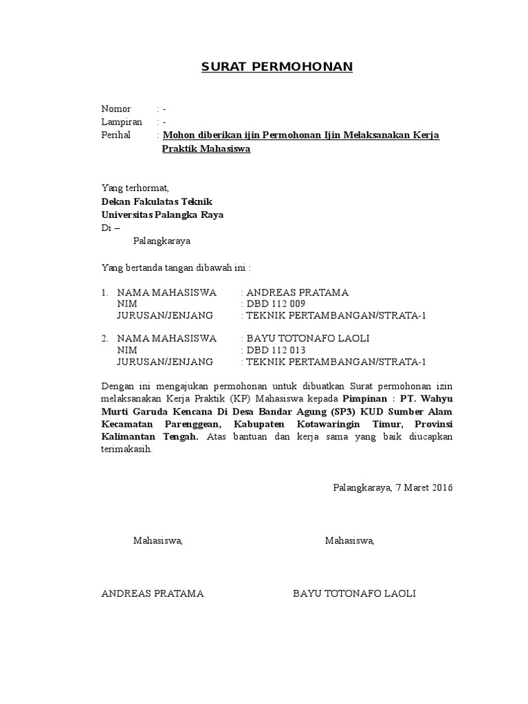 Contoh Surat Permohonan Pengantar KP ke Fakultas