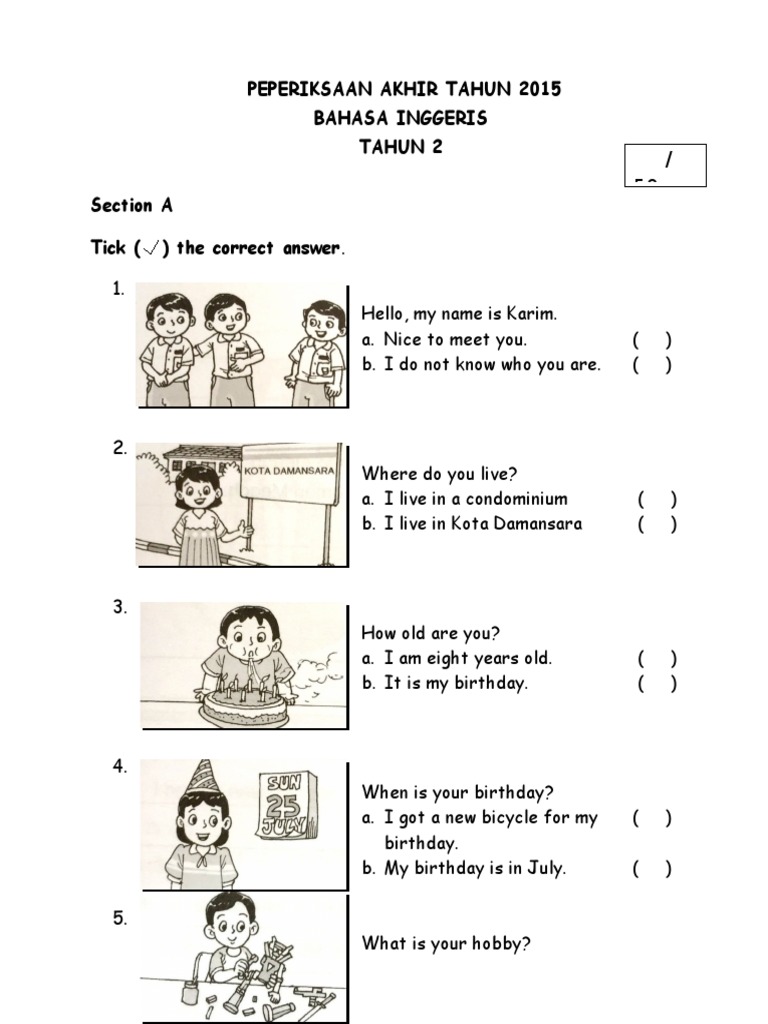 Soalan Bahasa Inggeris Tahun 2 Kssr