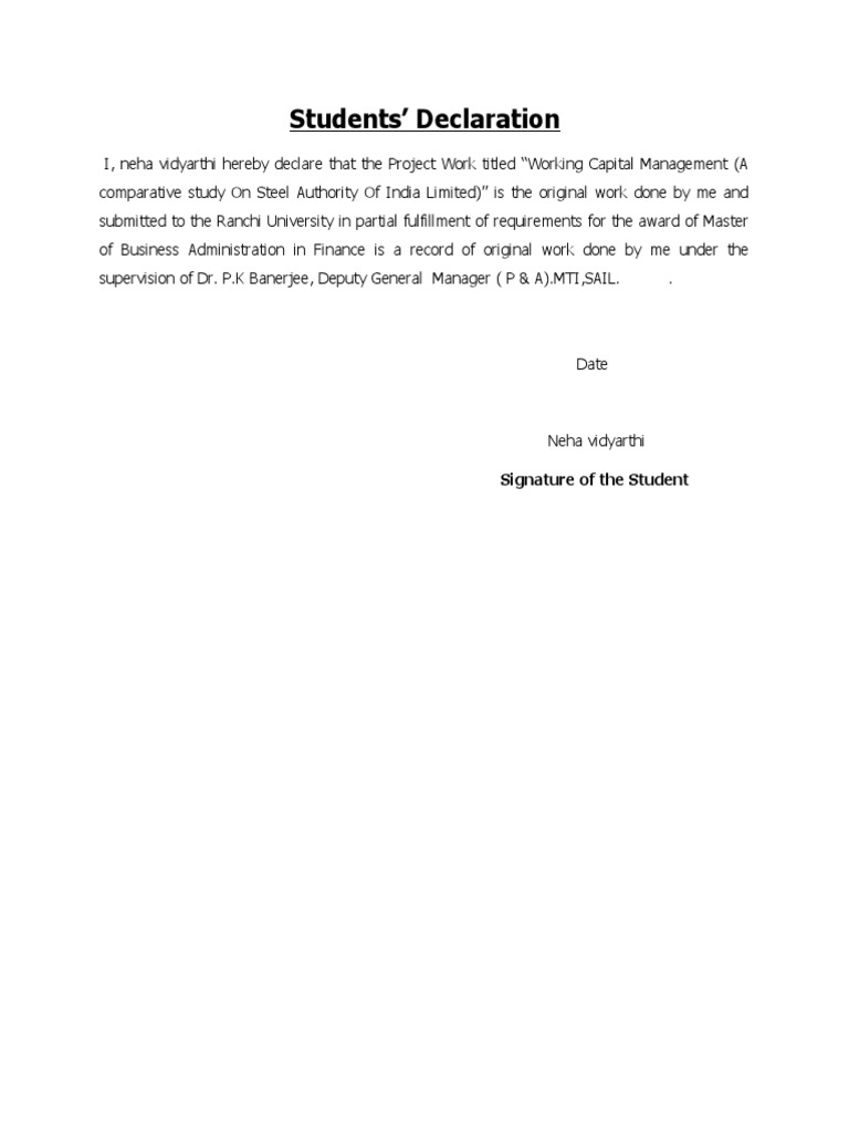 Working Capital Management Declaration | PDF
