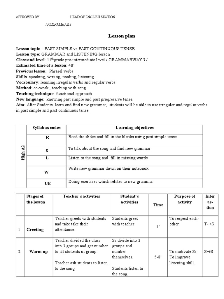 Past Simple vs Continuous Lesson Plan | PDF | Teachers | Grammatical Tense