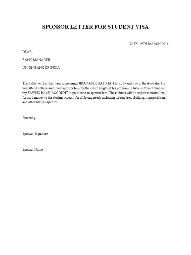 Sponsor Letter For Student Visa | PDF